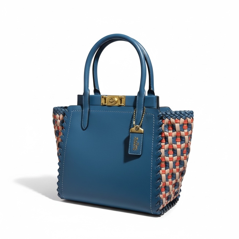 Coach Troupe Tote Weaving Bag Leather Magnetic Zip Blue Lake Handbag